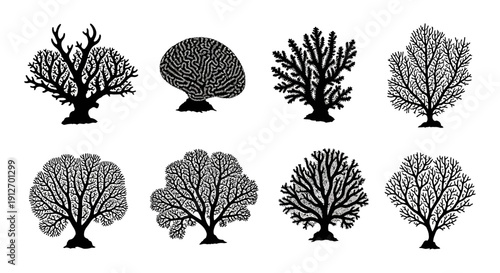 diverse black coral silhouettes showcasing marine life and ocean ecosystems ideal for graphic design and environmental conservation themes.