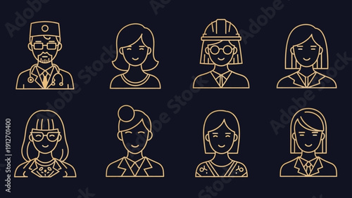 diverse professional people line icons showcasing various career and job roles symbolizing workforce diversity and employment for business and hr needs.