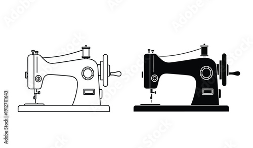 Two sewing machines in black and white line art and solid black