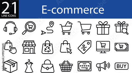 E-commerce line icons collection in outline style, shopping cart, customer support, search, delivery, and payment