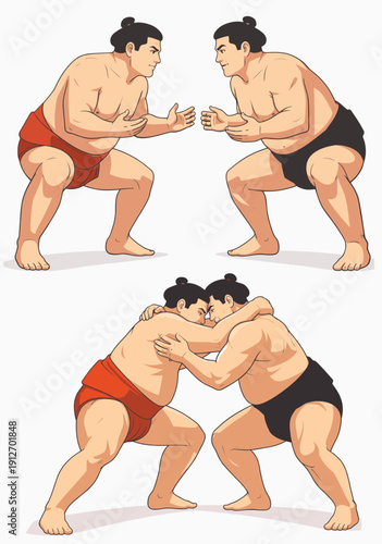 067-39-Two sumo wrestlers performing grappling techniques and squatting in a traditional dohyo stance