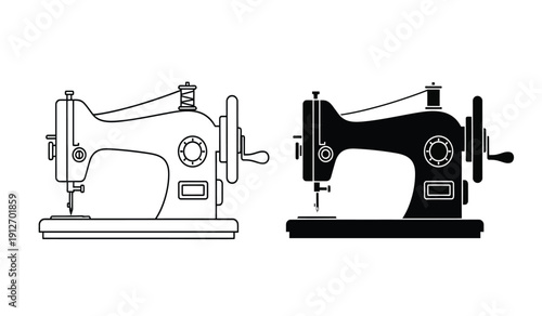Two sewing machines in black and white line art