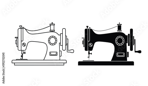 Two views of a sewing machine in black and white line art and solid black