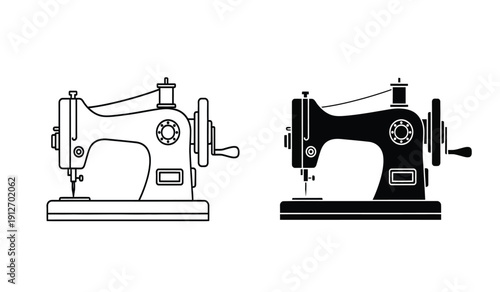 Two black and white illustrations of vintage sewing machines side by side