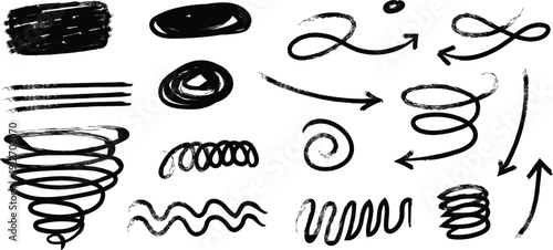 Collection of hand drawn black ink swirls and lines on white background