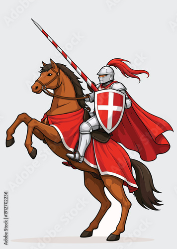 067-43-Medieval knight in armor and red cape riding a rearing horse, holding a lance and shield