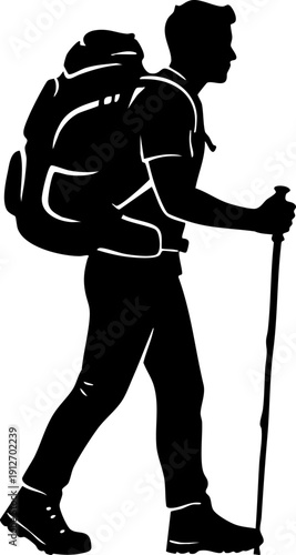 Person with backpack and walking stick hiking silhouette isolated on white background minimalist adventure and trekking illustration