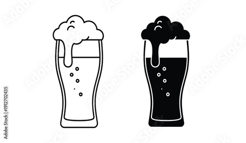 Two glasses of beer in black and white with foam on top