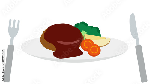 デミグラスハンバーグのイラスト素材（野菜添え・カトラリー付き）