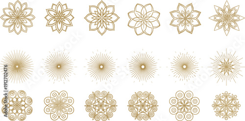 Set of gold ornamental floral mandala sunburst vector elements decorative symmetrical luxury line art collection isolated