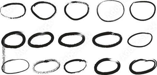 A collection of 15 black ink oval shapes on a white background