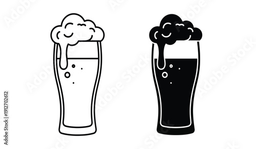 Two glasses of beer one light and one dark with foam on top in a line drawing style