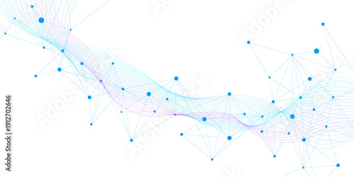 Abstract connecting the dots lines and colorful wave flow on white background. Modern network connection and global communication. Design for chemistry, science and technology. Vector