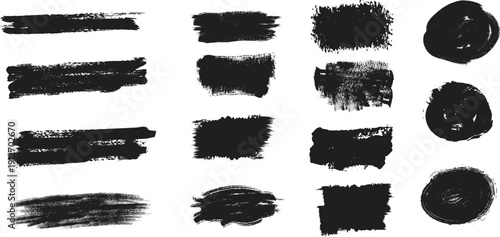 Collection of black brush strokes and shapes on white background