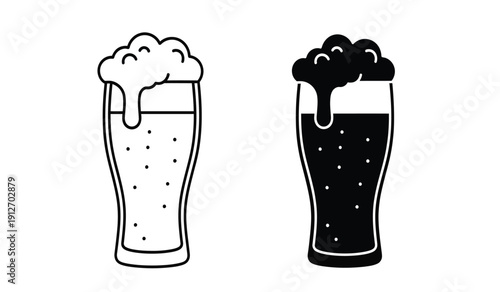 Two glasses of beer one light and one dark with foam on top in a simple line drawing style