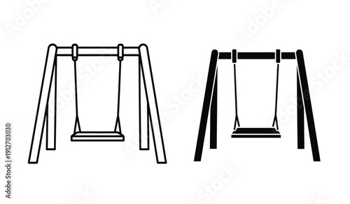 Two black and white illustrations of a swing set with swings