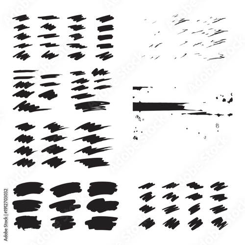 This image features a diverse array of black brush strokes on a clean white background, creating a visually striking composition. The varied strokes, ranging from bold and expressive to delicate and i