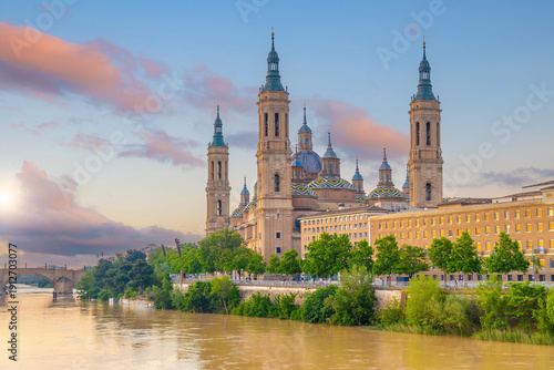 Basilica del Pilar and Ebro River at sunset, Zaragoza, Aragon region in Spain.