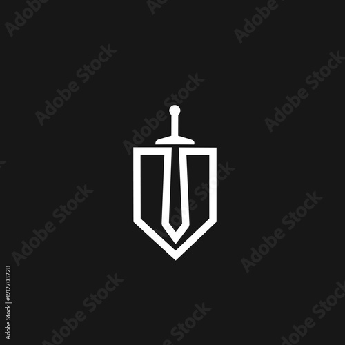 Minimalist Shield and Sword Tie Logo Design for Business Protection and Professional Branding