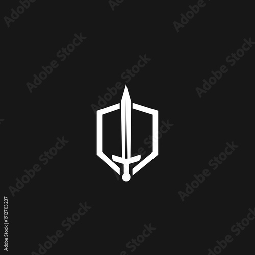 Minimalist Shield and Sword Logo on Black Background, White Outline Graphic Icon Symbolizing Protection and Strength