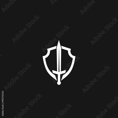 Shield and Sword Logo Icon Design on Black Background - Security Emblem Vector