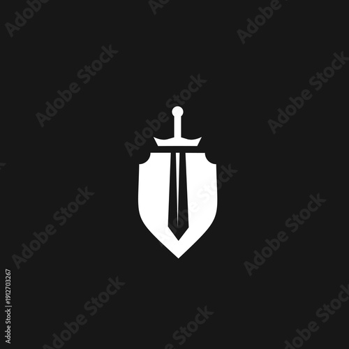 Minimalist Shield and Sword Logo Icon Design on Black Background