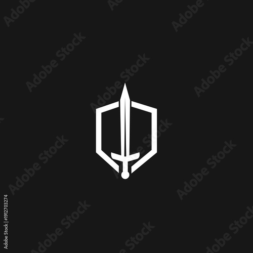 Minimalist Sword and Shield Logo Design. Modern Graphic Emblem with a White Sword inside a Geometric Hexagonal Frame on a Black Background.