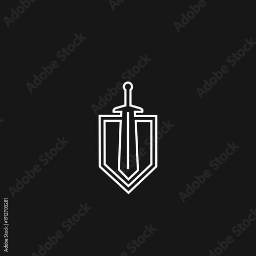 Minimalist Sword and Shield Line Art Logo Emblem Design