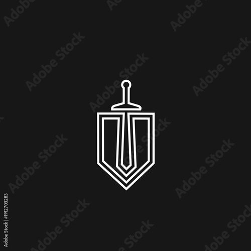 Minimalist Line Art Sword and Shield Logo Design on Black Background, Geometric Emblem of Strength and Protection