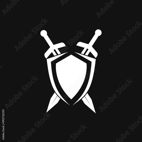 Shield and Crossed Swords Logo Icon. Minimalist graphic symbol of defense