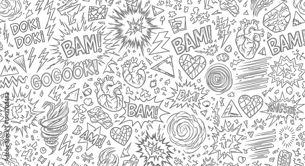 Obraz premium doodle seamless pattern featuring comic book sound effects human hearts and brains expressing anxiety stress and excitement.