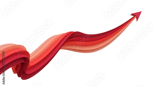 dynamic multi-layered red arrow ribbon ascending on white symbolizing business growth positive trend market success and progress.