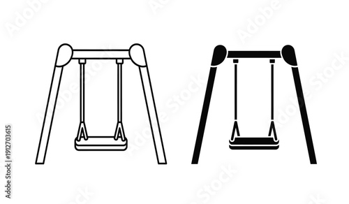 Black and white line drawing of a swing set with two different views