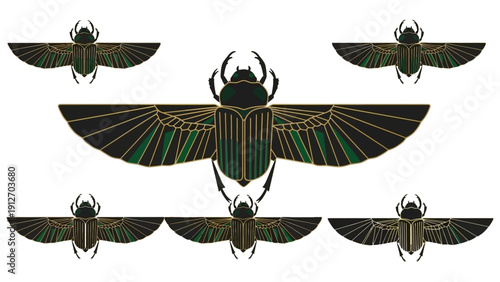 egyptian scarab beetles flying with gold black and green wings representing ancient protection and spiritual renewal.