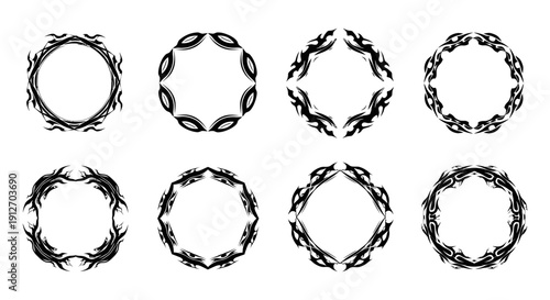 eight unique black tribal frames and decorative borders versatile graphic elements for logo tattoo and creative design.