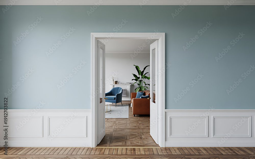 Fototapeta premium Grand Double Door Entryway to a Modern and Elegant Living Room Interior with Blue and Brown Furnishings on a Parquet Floor