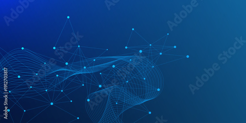 Abstract futuristic plexus and wave flow on dark blue background. Modern network connection and global communication. Suitable for science, technology and genetic engineering. Vector
