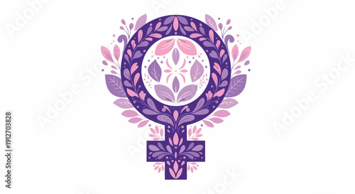 A purple and pink floral symbol for female empowerment on a white background with intricate designs and a circular wreath.