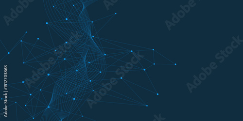 Scientific concept with plexus and wave flow design. Futuristic network connection and communication. Suitable for science and technology background. Vector