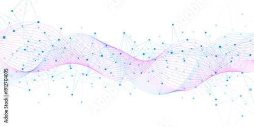 Abstract plexus design with gradient wave flow on white background. Minimalist science and technology concept. Suitable for global communication, molecular structure. Vector