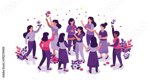 Illustration of a diverse group of women celebrating with flowers and confetti in a colorful, lively scene with a joyful mood against a clean white background.