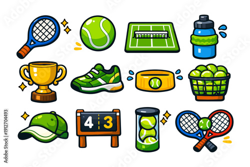 Colorful tennis equipment icons including rackets, ball, and court elements.