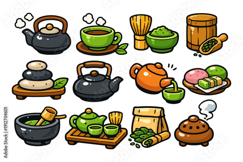 Colorful tea set and accessories collection with teapots and matcha bowls.