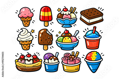 Colorful cartoon ice cream and dessert collection with various toppings and flavors.