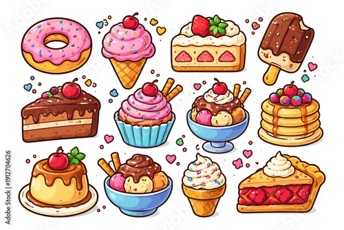 Colorful assortment of sweet desserts with ice cream, cake, and pastries.