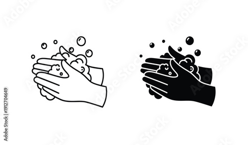 Black and white illustration of hands washing with soap bubbles