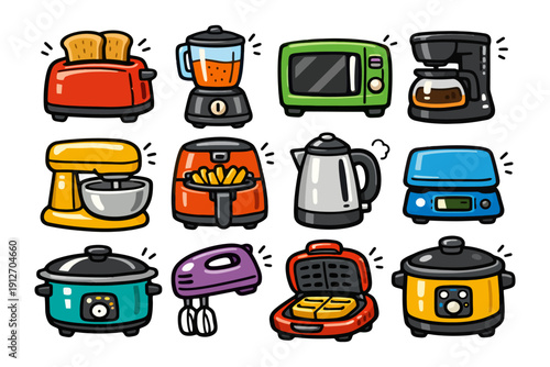 Colorful cartoon kitchen appliances collection: toaster, blender, coffee maker, and more.