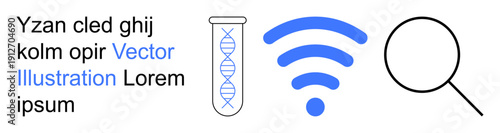 Biotechnology, internet research, data analysis, exploration, wireless communication, investigation. A DNA test tube, blue wireless symbol and magnifying glass. Biotechnology and internet research