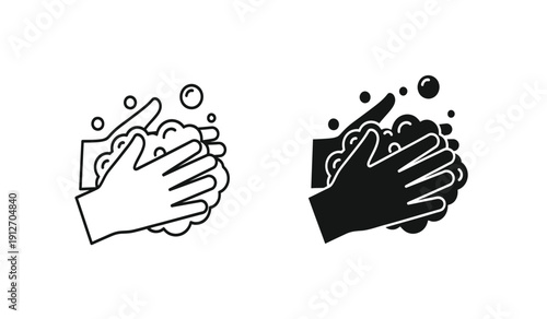 Black and white illustrations of hands washing with soap bubbles