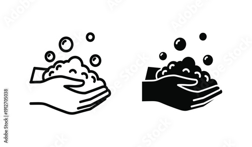 Black and white icon of hands holding soap bubbles